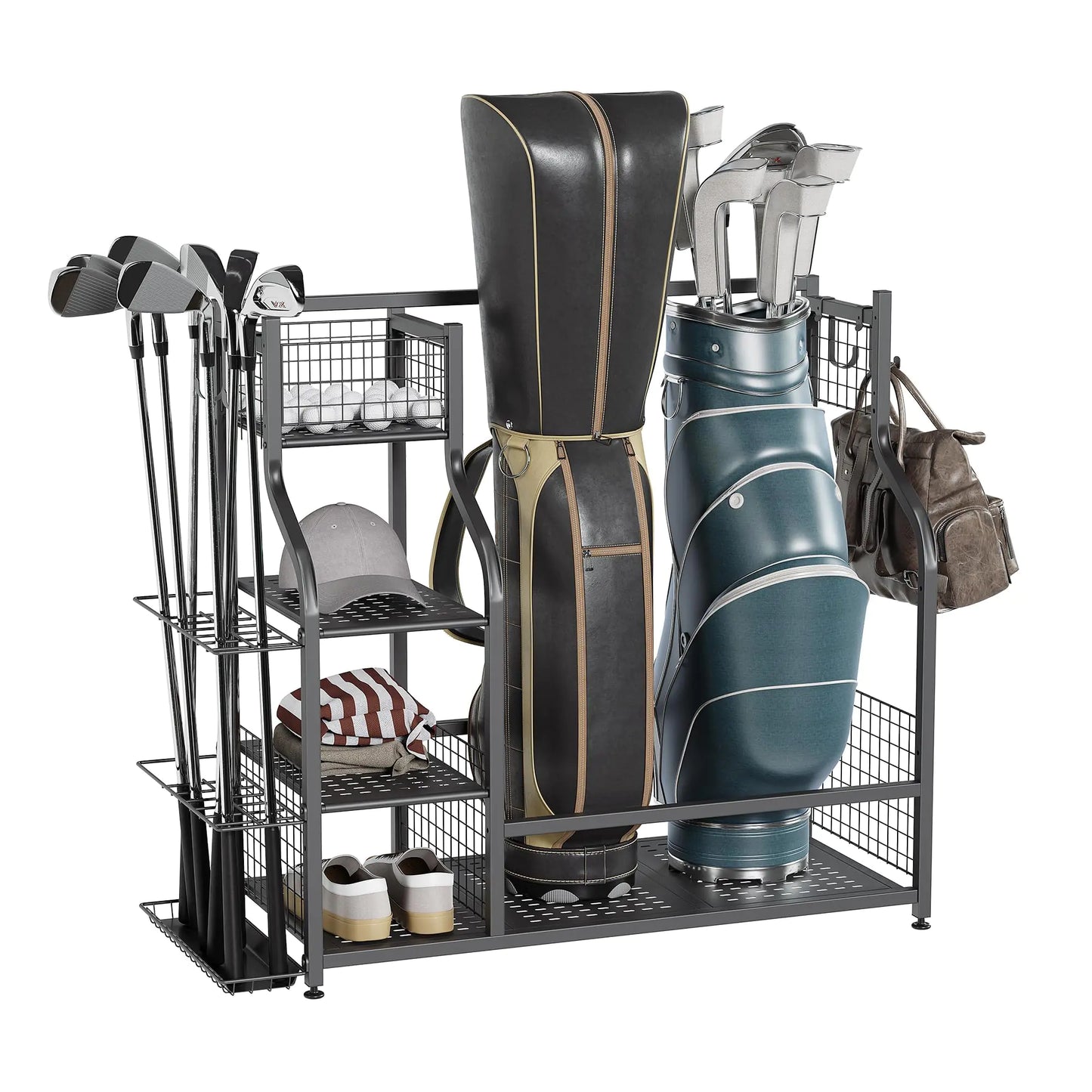 KUAFU Extra-Large Golf Bag Storage Organizer – Steel Golf Rack for 2 Bags, Shelves & Hooks for Garage, Shed or Basement