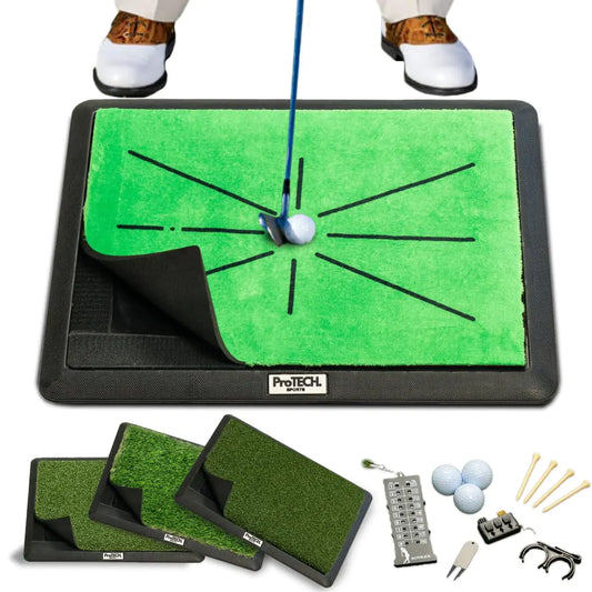 Golf Swing Training Mat Set – Interchangeable Turf Mats, Impact Detection Track & Accessories | 17"x14" Practice Mat for Indoor & Outdoor Golf Training