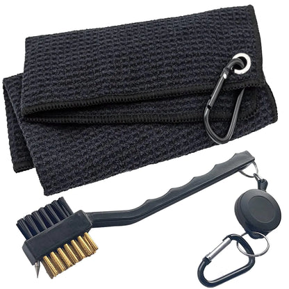 Golf Towel & Club Brush Set – Microfiber Waffle Towel with Heavy-Duty Carabiner + Retractable Golf Club Cleaning Brush (Black)
