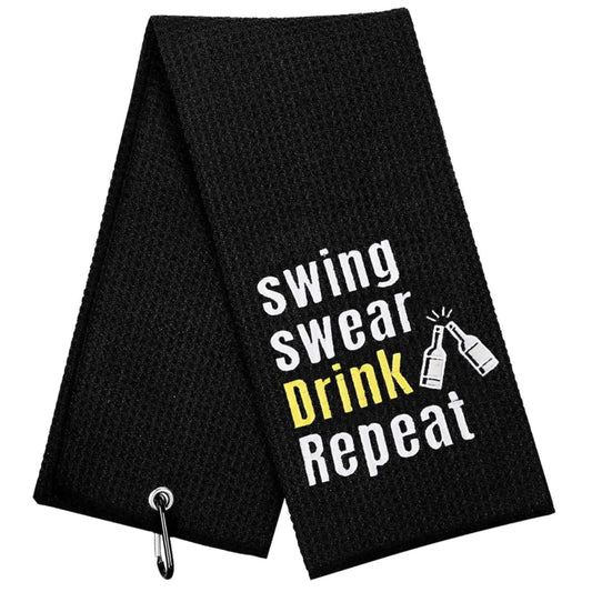 Sportiva “Swing • Swear • Drink • Repeat” Golf Towel – Funny Embroidered Golf Towel with Carabiner Clip (Black)