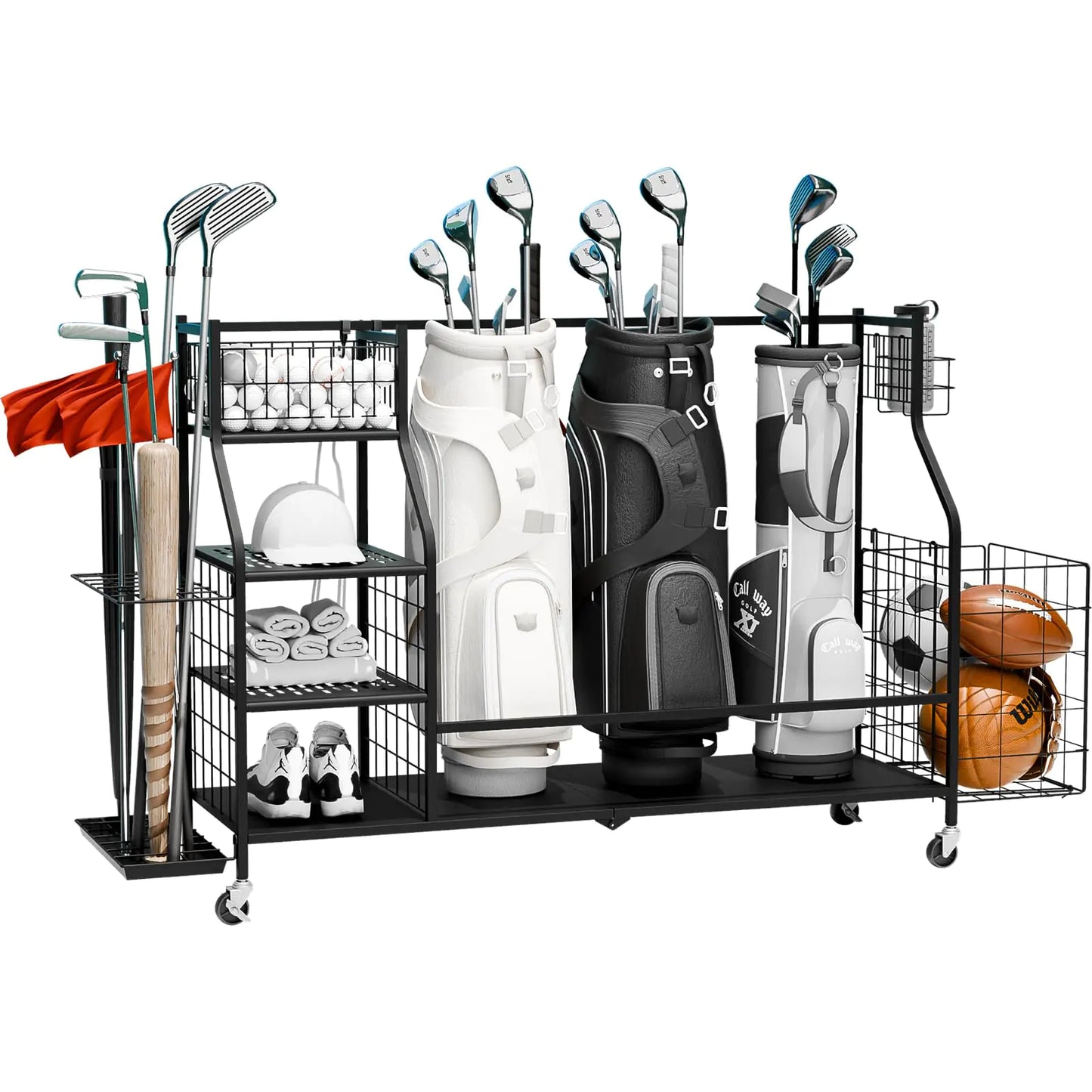 Golf Bag Organizer Rack – Heavy-Duty Storage Stand with Wheels