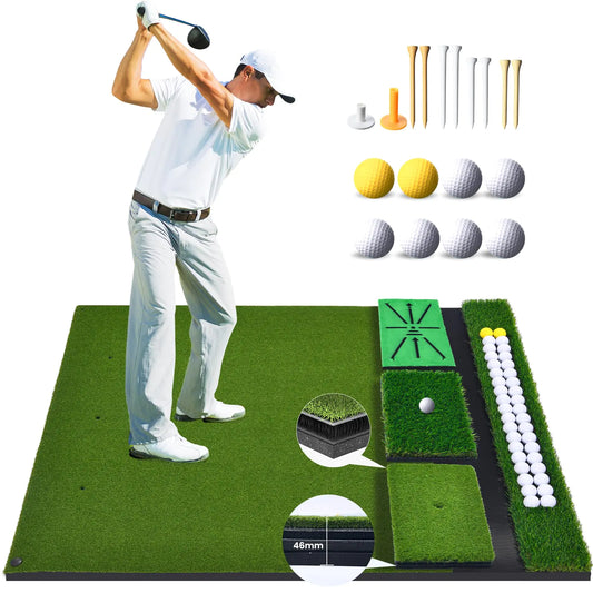 ProStrike™ 3-in-1 Golf Hitting Mat Set – 5x4 ft Training Mat with Ball Storage Zone, 3 Interchangeable Turf Strips, 8 Golf Balls & 10 Tees – Indoor/Outdoor Practice Mat