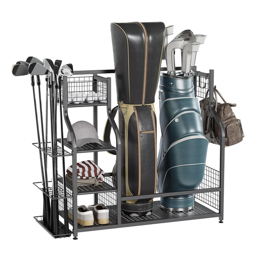 KUAFU Extra-Large Golf Bag Storage Organizer – Steel Golf Rack for 2 Bags, Shelves & Hooks for Garage, Shed or Basement