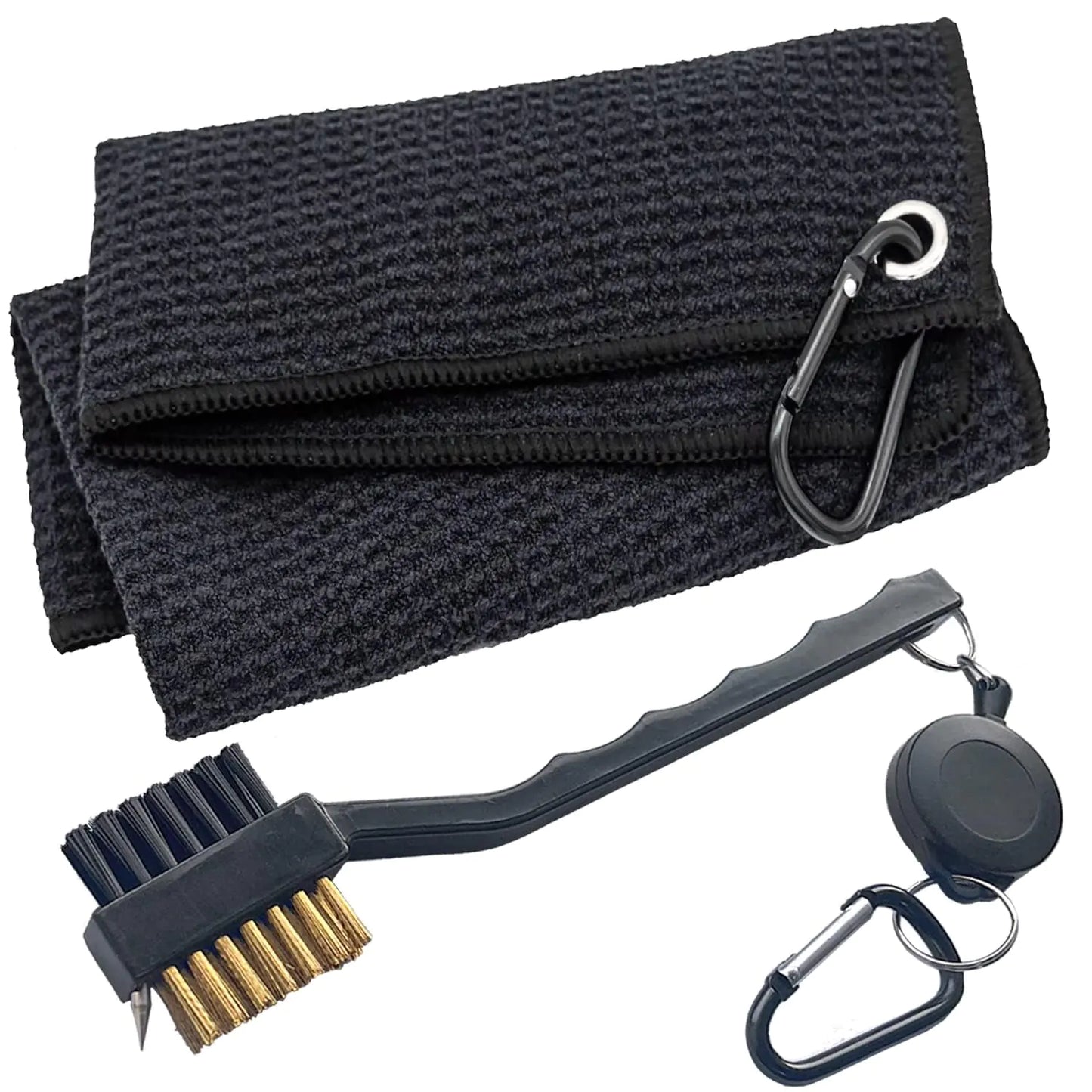 Golf Towel & Club Brush Set – Microfiber Waffle Towel with Heavy-Duty Carabiner + Retractable Golf Club Cleaning Brush (Black)