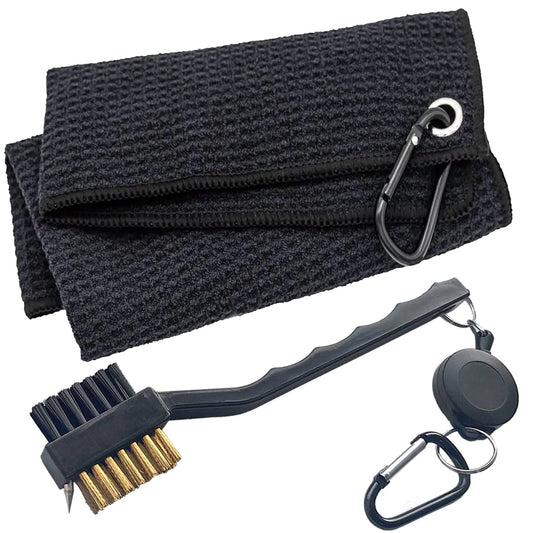 Golf Towel & Club Brush Set – Microfiber Waffle Towel with Heavy-Duty Carabiner + Retractable Golf Club Cleaning Brush (Black)