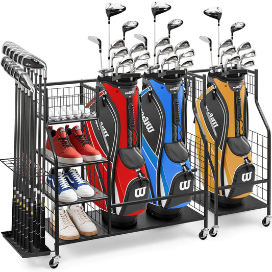 Violeza Golf Storage Organizer with Wheels – 3-Bag Golf Equipment Rack for Clubs, Balls & Accessories