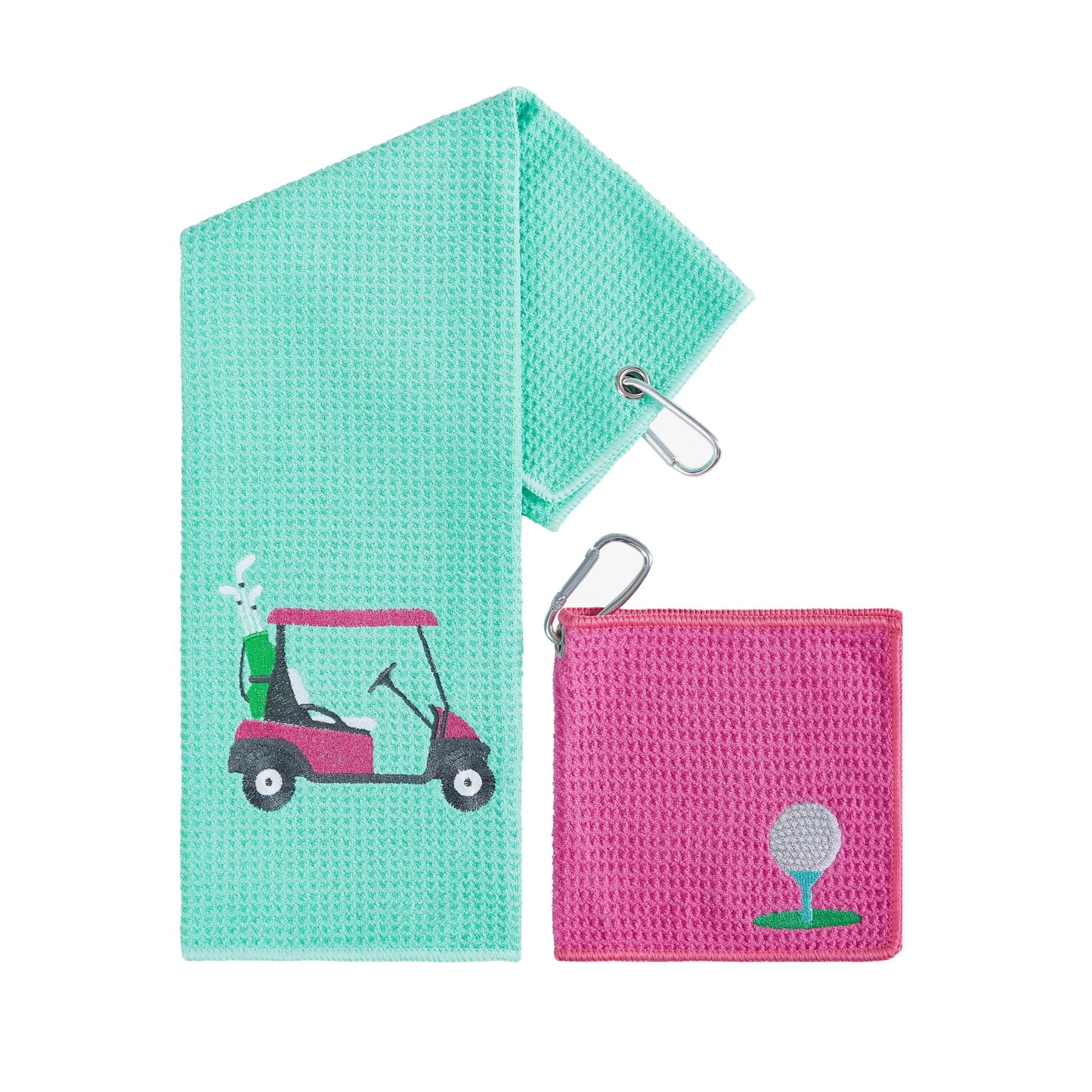 Fun Golf Towel Set (2-Pack) – Microfiber Waffle Towels with Embroidered Golf Cart & Ball Design | Premium Golf Bag Towels for Men & Women