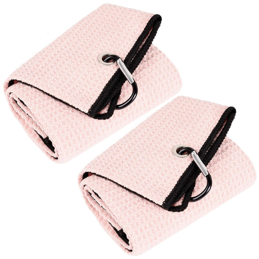 2-Pack Premium Microfiber Golf Towels – Tri-Fold Waffle Weave Design with Heavy-Duty Carabiner Clip (Pink)