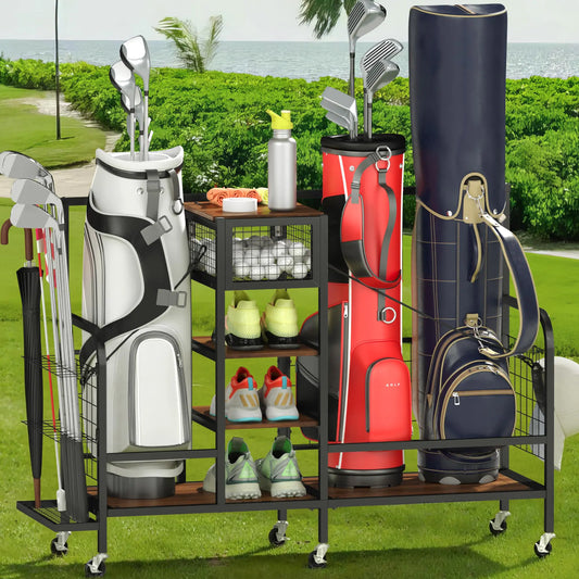 CozyMan 3-Bag Golf Storage Organizer with Wheels – Heavy-Duty Golf Bag Rack for Garage, Clubs & Equipment